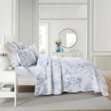 3PCS White Blue Plant Print Quilt Set Bedspread Cover Polyester Soft And Lightweight, With Two Pillowcases, Queen/KingSizs, Machine Washable, All Season - Baby Blue - View 8