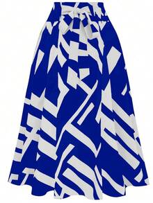 复古几何艺术印花高腰系带A字裙，蓝白相间，修身显瘦，通勤、约会、日常穿着皆宜，千禧风格，适合春季、夏季、海滩、情人节等场合。 - 藍色 - 查看 2