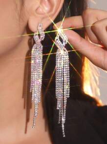 1 对奢华闪亮长流苏耳环，时尚女士 - AB白 - 查看 2