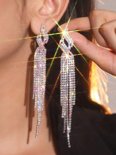 1 对奢华闪亮长流苏耳环，时尚女士