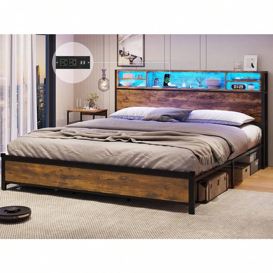 King Size Bed Frame With LED Lights Headboard, Metal Platform Bed With