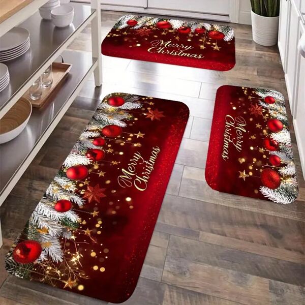 1/2pcs Christmas Kitchen Mat, Kitchen Entrance Rug, Upgraded Polyester Floor Mat, Holiday Season Pattern Printed Floor Mat, Bedside Rug, Non-Slip Laundry Room Floor Mat, Machine Washable Absorbent Door Mat, Suitable For Living Room And Laundry Room