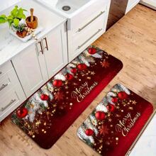 1/2pcs Christmas Kitchen Mat, Kitchen Entrance Rug, Upgraded Polyester Floor Mat, Holiday Season Pattern Printed Floor Mat, Bedside Rug, Non-Slip Laundry Room Floor Mat, Machine Washable Absorbent Door Mat, Suitable For Living Room And Laundry Room