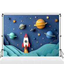 太空主题摄影背景布 - 卡通宇宙飞船和星系设计，采用涤纶材料制成，适用于生日派对、活动和视频道具 - 彩色 - 查看 4
