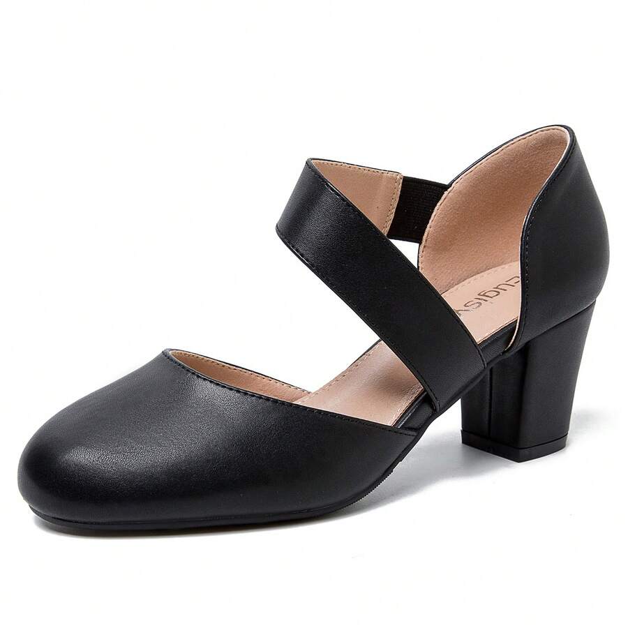 Women's Closed Round Toe Low Block Heels Pumps Crossed Strap D'Orsay Dress Wedding Bridal Party Office Shoes - 黑色啞光 - 查看 1