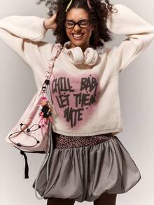 Letter&Heart Print Crew Neck Hollow Out Back Long Sleeve Knitted Sweater For Autumn&Winter - Apricot - View 4