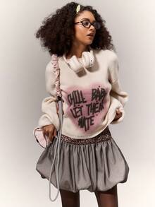 Letter&Heart Print Crew Neck Hollow Out Back Long Sleeve Knitted Sweater For Autumn&Winter - Apricot - View 9