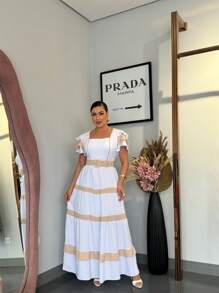 Women's Long Dress With Ruffle Sleeves And Padded Bra - 白色 - 查看 8