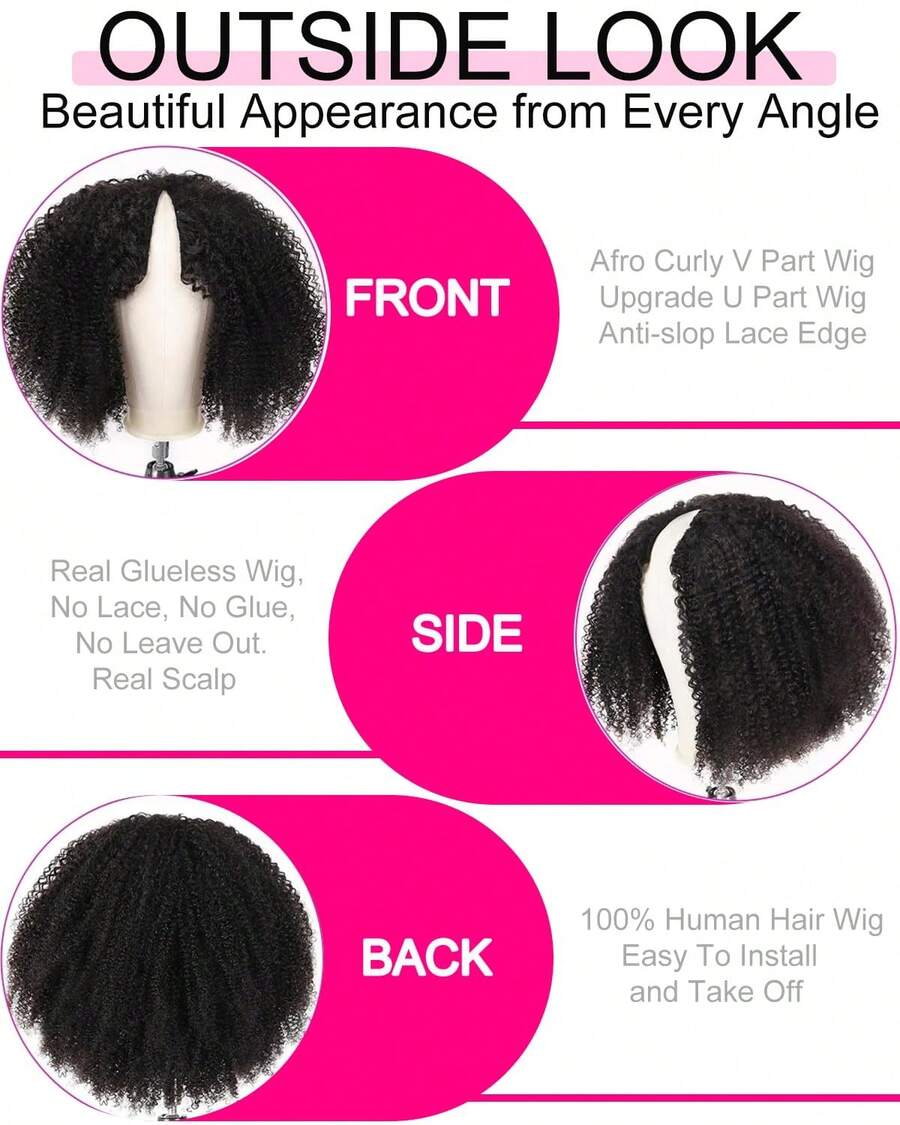 V Part Wig Human Hair No Leave Out 180 Density Upgrade U Part Curly