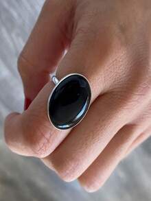 1pc Vintage Style Black Gemstone Fashion Wedding Ring, Bohemian Versatile Accessory Suitable For Any Occasion - Black - View 2