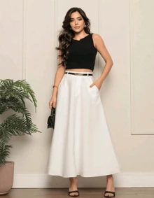 Long Formal Tailored Skirt With Belt - trắng - Xem 2