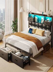 Bed Frame Queen Size With Drawers And Charging Station, Upholstered Platform Bed With Storage Headboard And LED Light, Heavy Duty Metal Frame Support, No Box Spring Needed, Noise Free - 黑色 - 查看 7