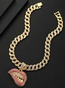 1pc Hip Hop Rhinestone Decor Lip Charm Necklace For Men Women For Daily Decoration, For Jewelry Gift And Party
