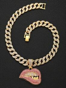 1pc Hip Hop Rhinestone Decor Lip Charm Necklace For Men Women For Daily Decoration, For Jewelry Gift And Party