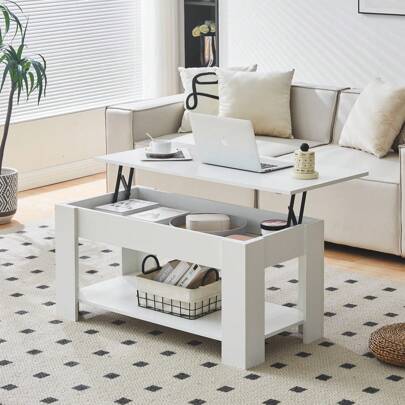CLIPOP Mesa de centro elevable, escritorio de madera para portátil con compartimento de almacenamiento, mesa auxiliar para salón y sofá con compartimento oculto.