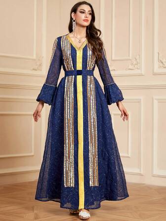  Siskakia 时尚刺绣 V 领亮片网眼长袖端庄连衣裙配腰带摩洛哥土耳其阿拉伯优雅派对端庄连衣裙