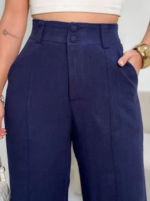 LINEN AND COTTON PANTALON PANTS - 藏蓝色 - 查看 2