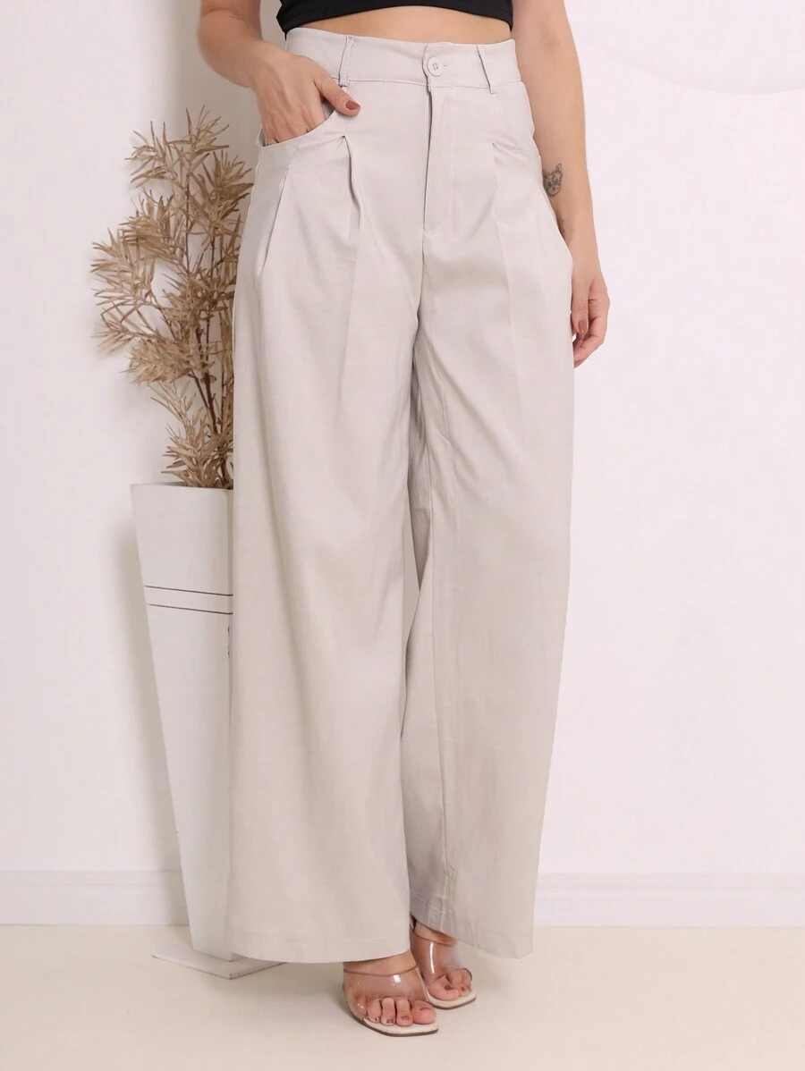 High Waisted Tailored Palazzo Pants For Women - 米色 - 查看 1