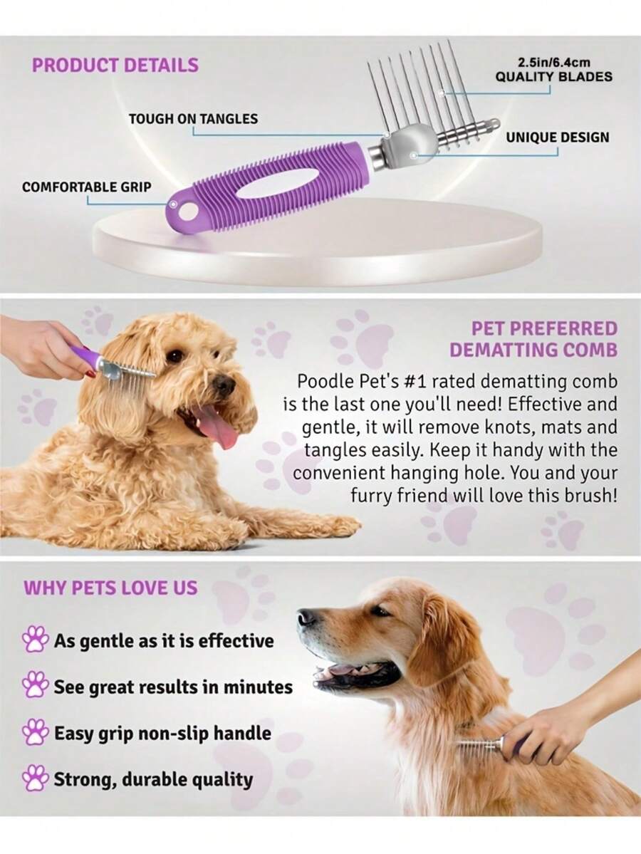 Pet Dematting Fur Rake Comb Brush Tool, Dog Comb With Steel Safety