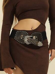 1 件女士鳄鱼纹金属扣弹性腰带，新款欧美时尚复古风格腰带束腰带 - A - 查看 8