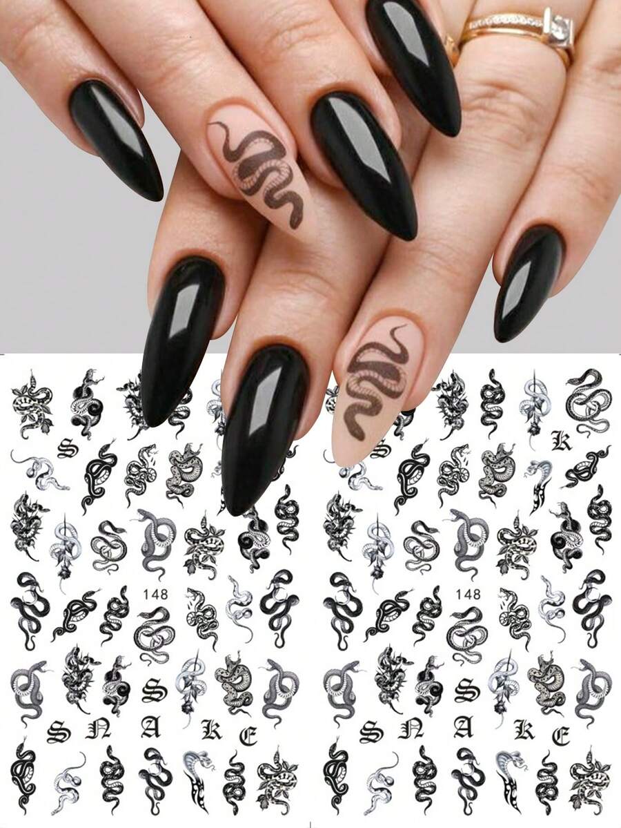 2 件 3D 饰品黑蛇指甲贴纸可爱动物图案自粘指甲贴花新年符号指甲装饰 DIY 美甲用品 - 黑色 - 查看 1