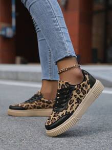 女士豹纹运动鞋，春夏新款，防滑MD鞋底，透气面料搭配PU点缀，时尚街头风，轻便舒适的户外鞋 - 黑色 - 查看 5