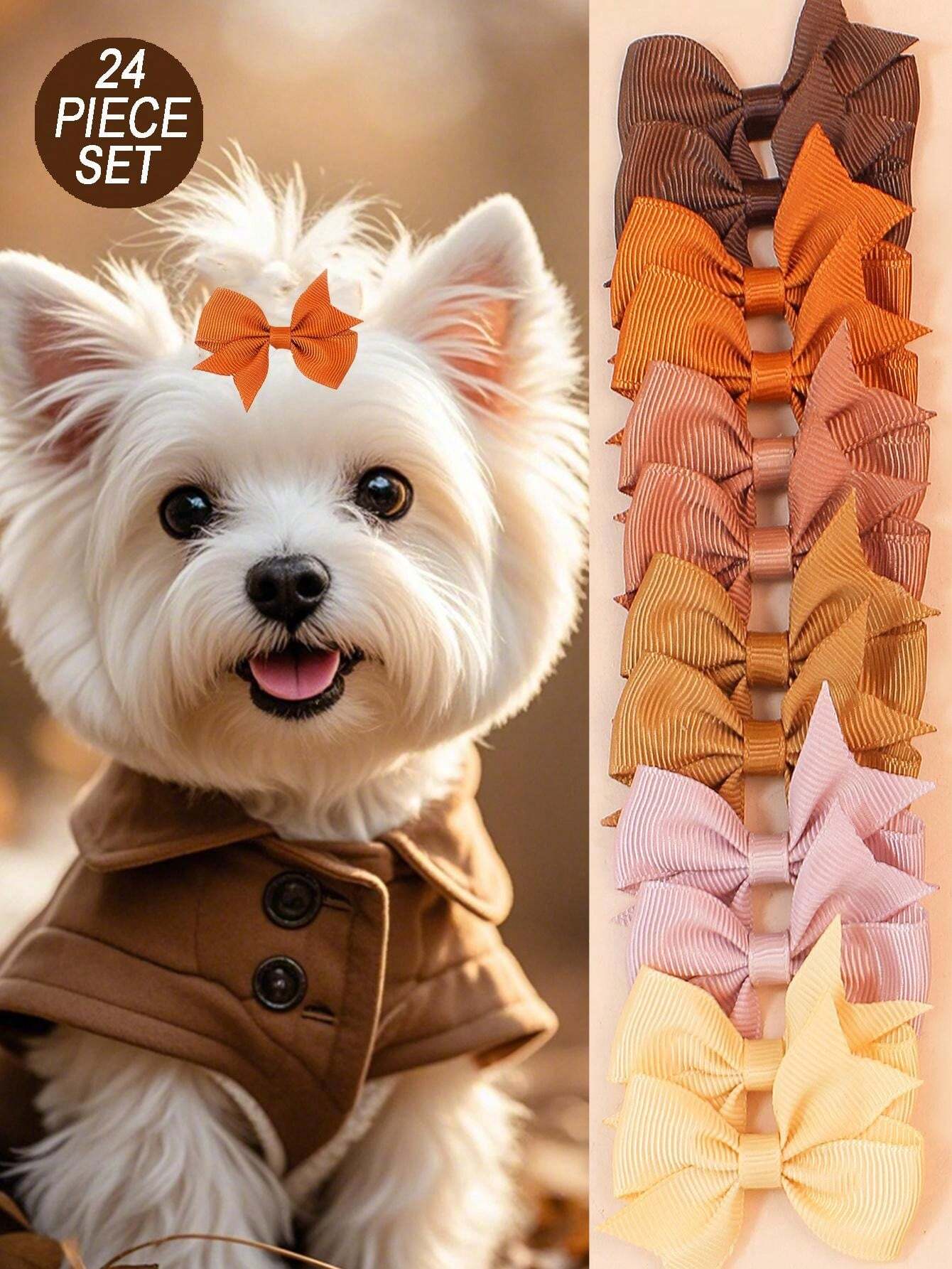 24pcs Earth Tone Pet Bowknot Hair Clips, Solid Color New Hair