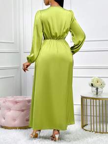 AIJ Abito verde in raso con maniche lunghe, scollo a V e orlo asimmetrico, adatto per l'uso quotidiano, appuntamenti, feste e uscite, nonché per il pendolarismo per il lavoro - Verde - Visualizzare 2