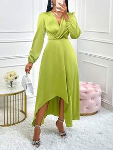 AIJ Abito verde in raso con maniche lunghe, scollo a V e orlo asimmetrico, adatto per l'uso quotidiano, appuntamenti, feste e uscite, nonché per il pendolarismo per il lavoro - Verde - Visualizzare 6