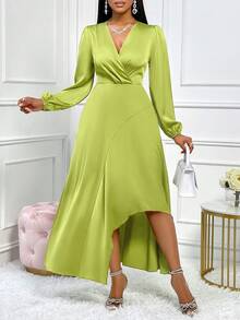 AIJ Abito verde in raso con maniche lunghe, scollo a V e orlo asimmetrico, adatto per l'uso quotidiano, appuntamenti, feste e uscite, nonché per il pendolarismo per il lavoro - Verde - Visualizzare 4