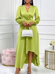AIJ Abito verde in raso con maniche lunghe, scollo a V e orlo asimmetrico, adatto per l'uso quotidiano, appuntamenti, feste e uscite, nonché per il pendolarismo per il lavoro - Verde - Visualizzare 1