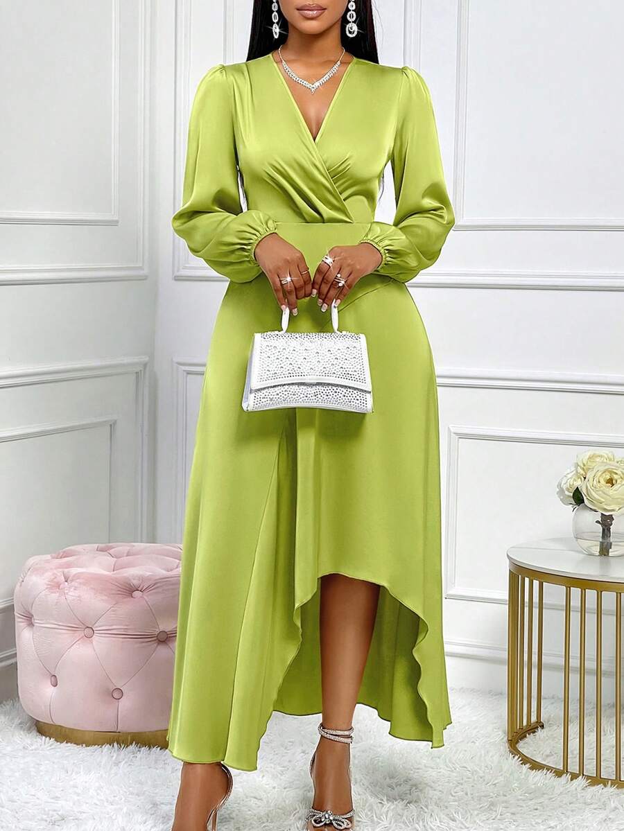 AIJ Abito verde in raso con maniche lunghe, scollo a V e orlo asimmetrico, adatto per l'uso quotidiano, appuntamenti, feste e uscite, nonché per il pendolarismo per il lavoro - Verde - Visualizzare 1