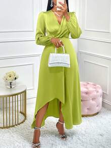 AIJ Abito verde in raso con maniche lunghe, scollo a V e orlo asimmetrico, adatto per l'uso quotidiano, appuntamenti, feste e uscite, nonché per il pendolarismo per il lavoro - Verde - Visualizzare 3