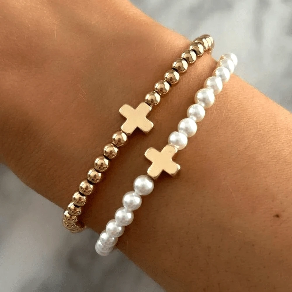 Bộ 2 vòng tay hạt cườm cho nữ, ngọc trai giả và mã não, trang sức cao cấp thích hợp cho những buổi hẹn hò hàng ngày, quà tặng Giáng sinh cho cô ấy - Nhiều màu - Xem 1