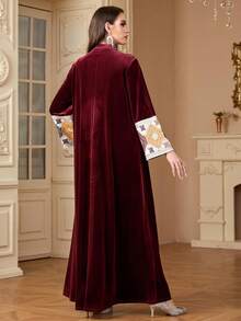 Siskakia 时尚天鹅绒缺口 V 领刺绣流苏亮片端庄长袖长裙派对阿拉伯沙特女士秋冬长袍 - 紅色 - 查看 7