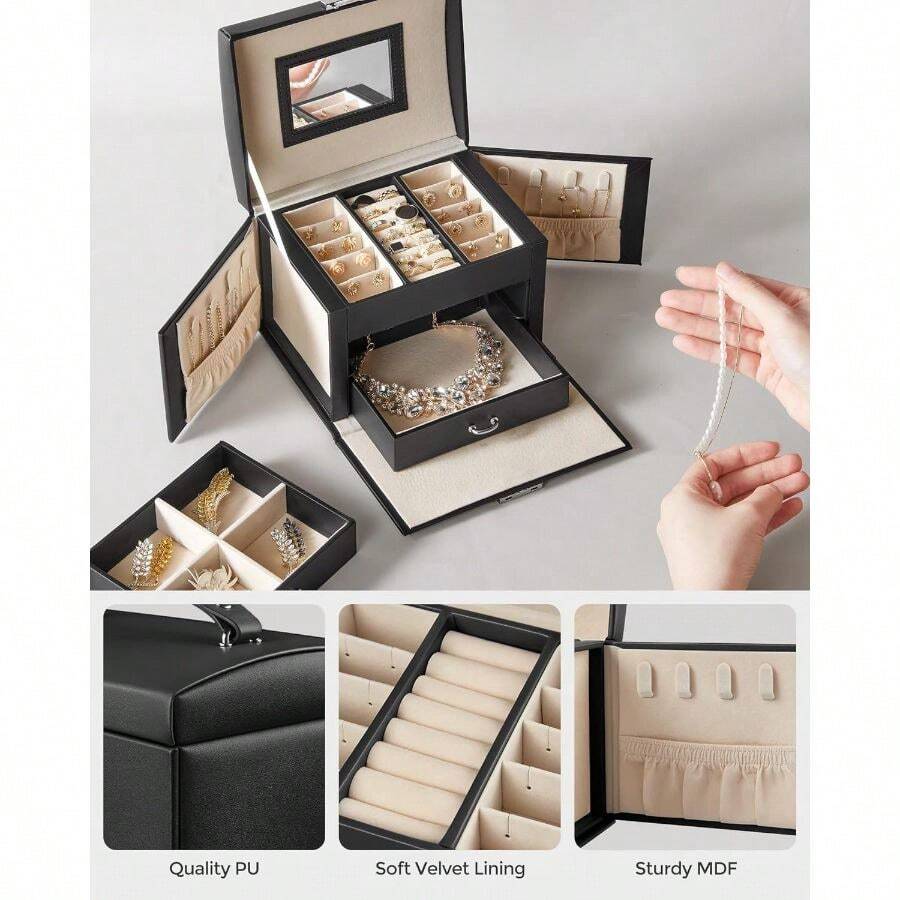 SONGMICS 3-Tier Jewelry Box, Travel Jewelry Case With Handle, 2 Drawers, Lockable Jewelry Organizer With Mirror, Jewelry Storage, Modern Style - 黑色 - 查看 1