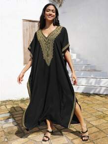 Vestido negro suelto estilo túnica con escote en V bordado, vestido casual para estar en casa