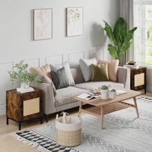 Rattan Night Stand, End Table With Storage Cabinets And Tray, Side Table With Sturdy Metal Legs For Bedroom, Living Room, Office - Brown - View 2