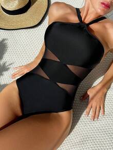 女士简约休闲网眼拼接连体性感泳衣 - 黑色 - 查看 2