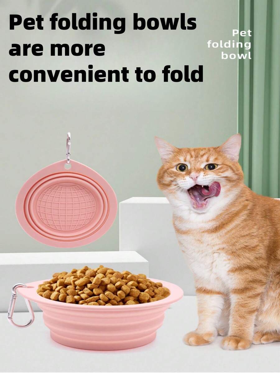 Bát đựng thức ăn & nước cho chó/mèo du lịch ngoài trời bằng silicon có thể gấp gọn - Hồng - Xem 1
