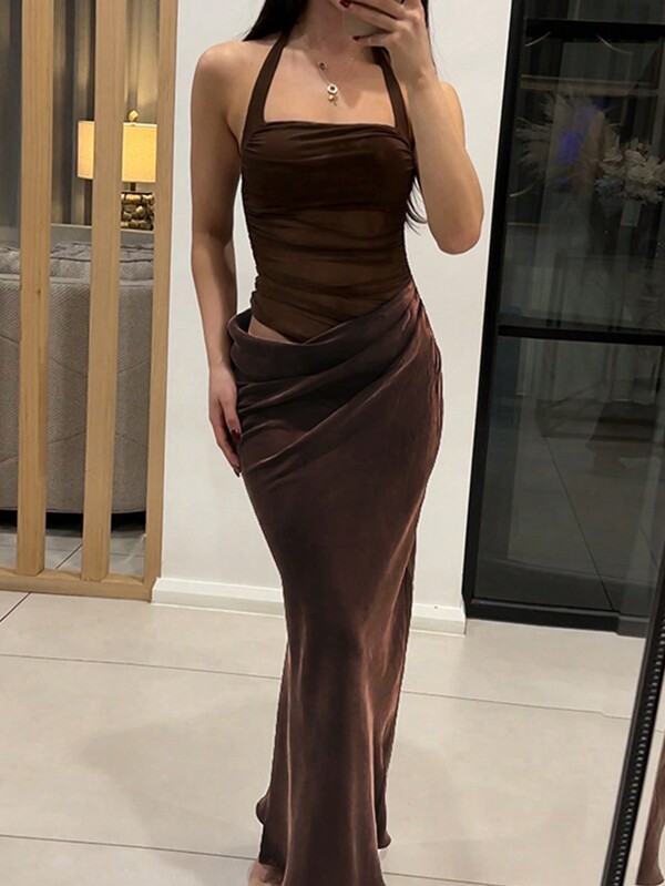 Solid Color Backless Halter Dress With Mesh Insert & Lace-Up Design