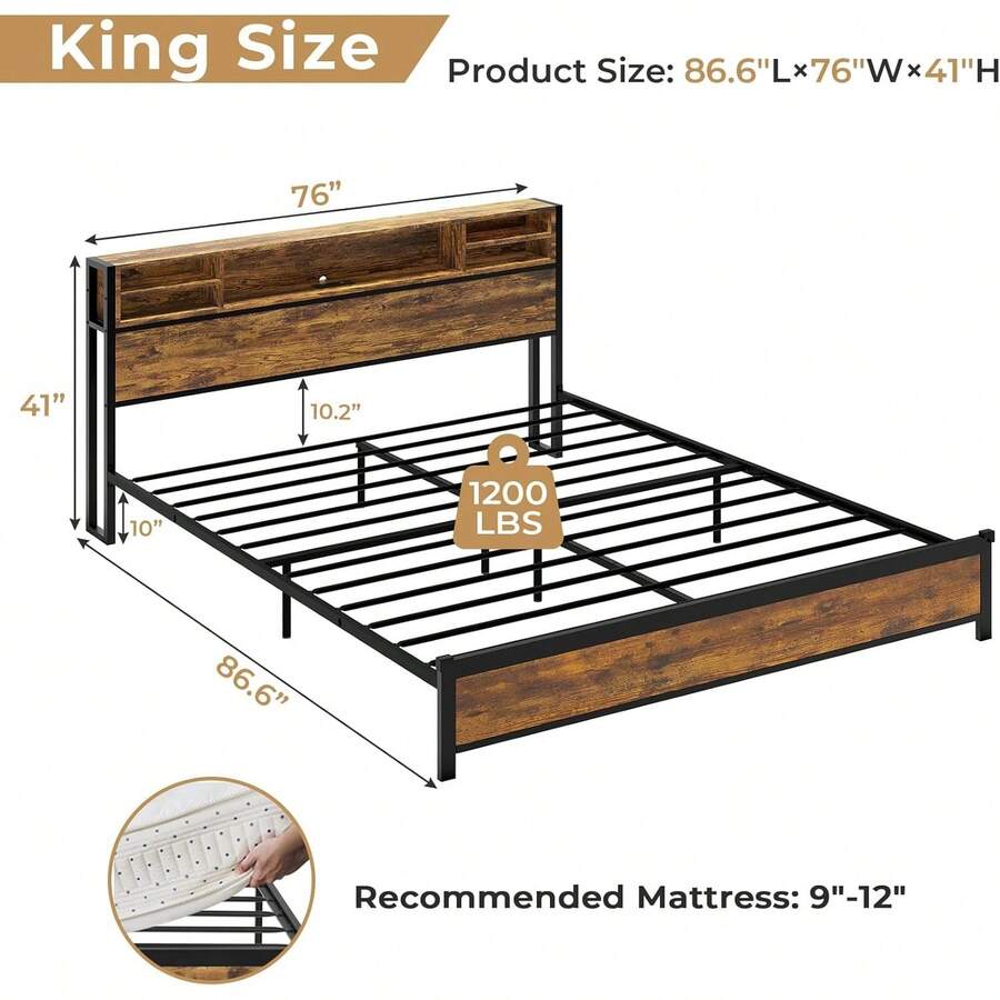 King Size Bed Frame With LED Lights Headboard, Metal Platform Bed With