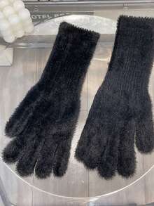 1 双女士优雅纯色触屏毛绒衬里保暖手套，适合秋冬季、露营徒步、户外运动、滑雪、骑自行车、冬季手套 - 彩色 - 查看 4