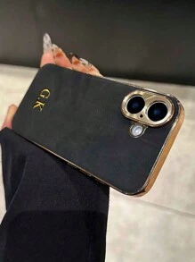 客製化金箔字母縮寫人造皮革手機殼，電鍍邊框個性化刻字防震保護殼，適用 17 16 15 14 13 12 11 Pro Max Plus，極簡奢華中性色手機配件，適合女性男性，母親節父親節畢業紀念日婚禮節日禮物 - 黑與白 - 查看 4