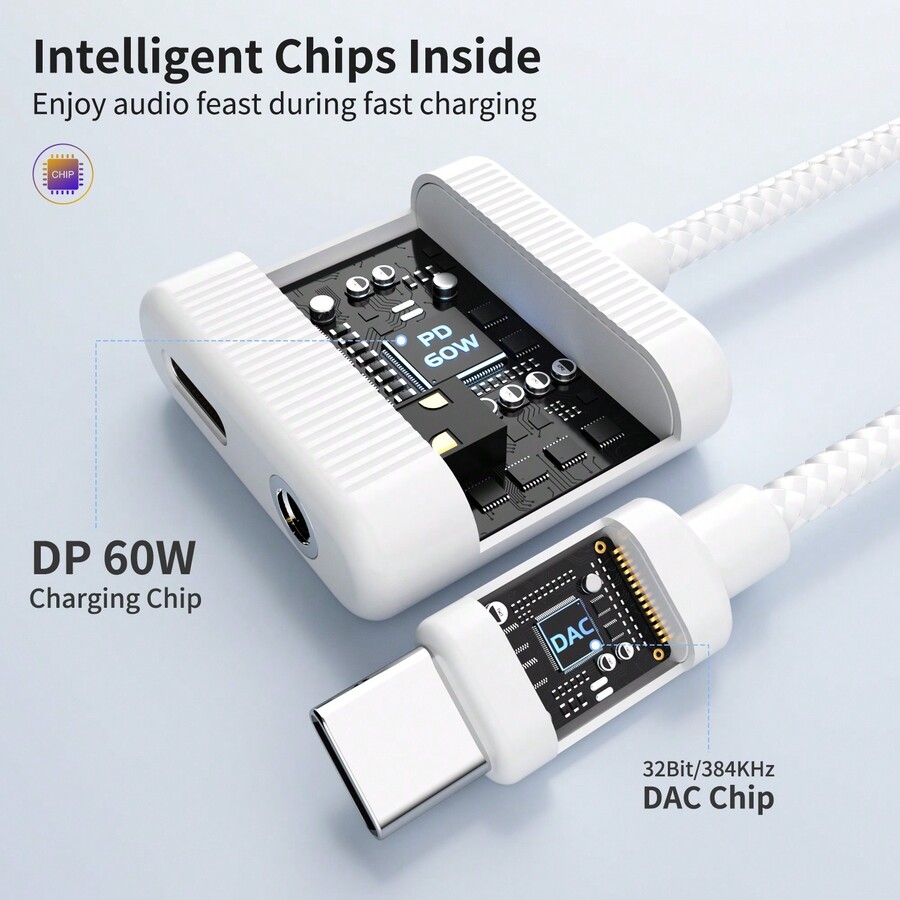 TypeC To 3.5mm Headphone Adapter, 2In1 HIFI Audio Converter Supports