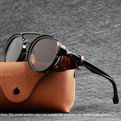 防风蒸汽朋克风格复古圆形时尚眼镜，男女皆宜，配有皮革侧翼，适合骑行、摩托车骑行和其他户外活动（不含眼镜盒），是夏季海滩度假和户外旅行的必备单品。