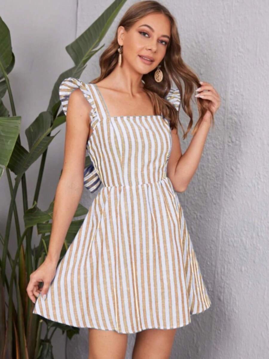 Women's Short Striped Casual Party Fresh Youth Dress - 米色 - 查看 1