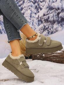 Giày bốt đi tuyết đế dày chống trượt thời trang nữ, giày lười lót nhiệt ấm áp thoải mái mới, giày lười mũi tròn thiết kế khóa Brocken Winter Shoes - Màu Khaki - Xem 9