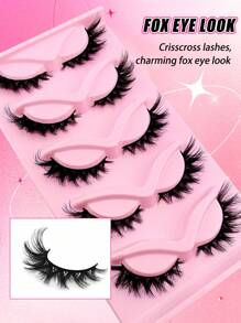 5对/包猫眼假睫毛狐狸眼天使人造貂皮超大卷曲蓬松假睫毛6D假睫毛自然妆效条状睫毛 - 黑色 - 查看 4