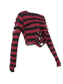 Women's Distressed Crop Tops Gothic Long Sleeve Round Neck Striped Print Loose T-Shirts Halloween Costume - 紅色 - 查看 5